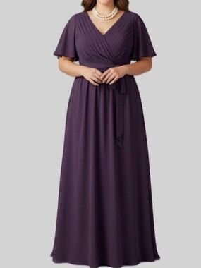 Purple Formal Dress Flutter Sleeve Maxi Medium Large